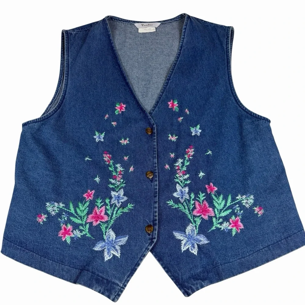 VTG Women's Embroidered Denim Vest Size L/XL Cottagecore Grandma Fairy Boho